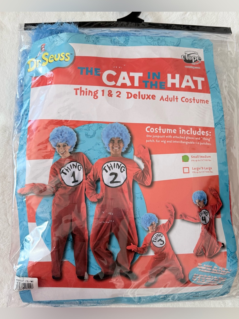 Dr Seuss Thing 1 2 3 4 Adult Costume S/M Blue Wig Jumpsuit Halloween Unisex New